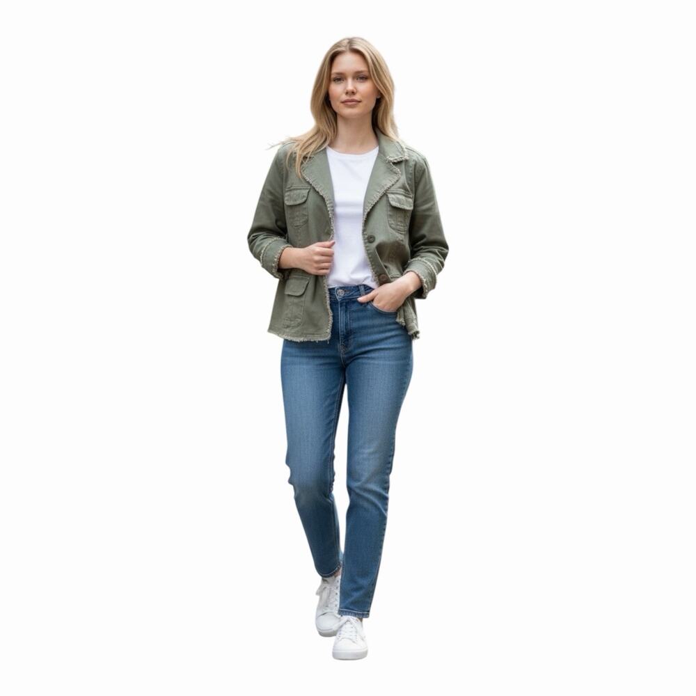 Live A Little Olive Green Frayed Utility Jacket Cotton Snap Front Women’s XL